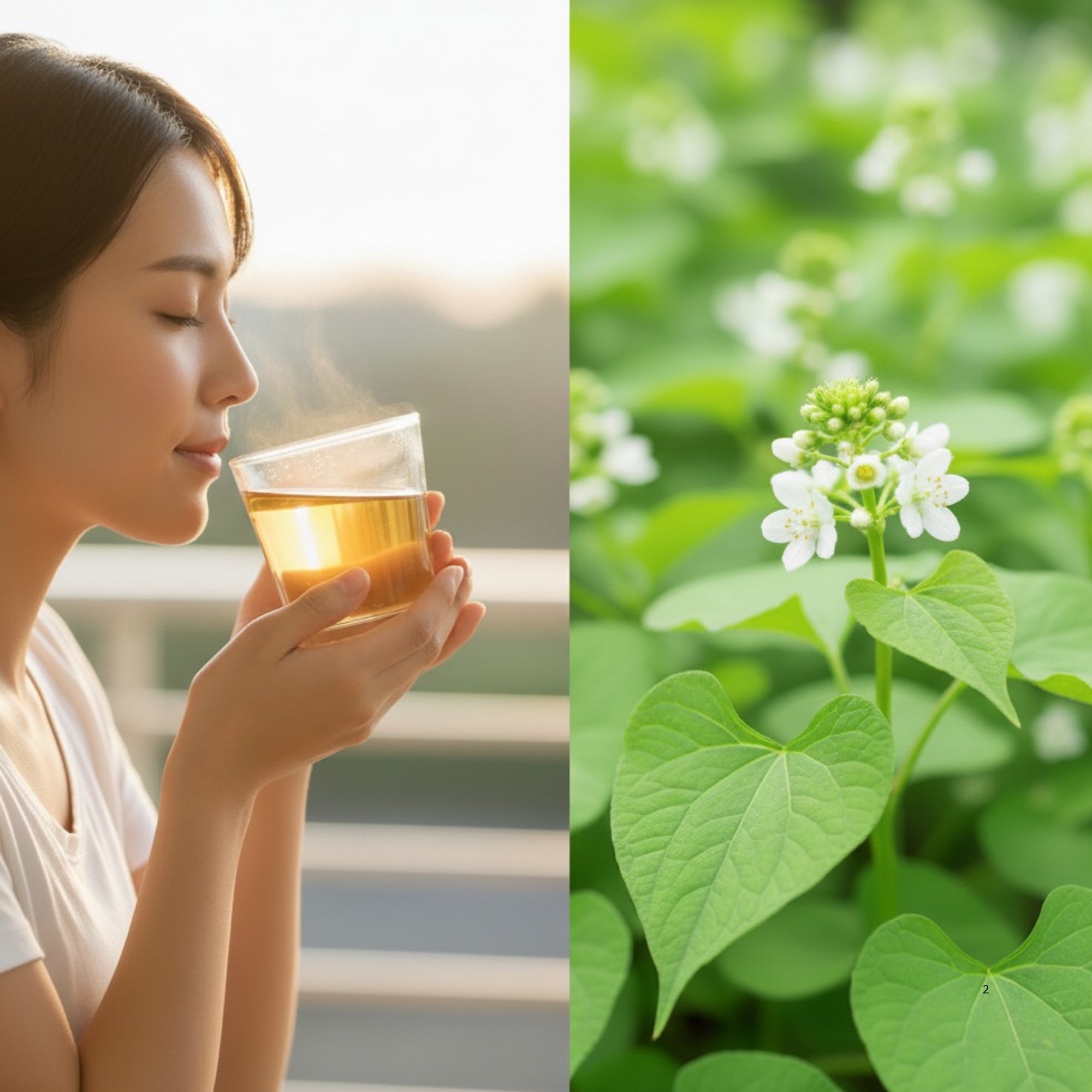 お茶を楽しむ女性と国産ハーブ