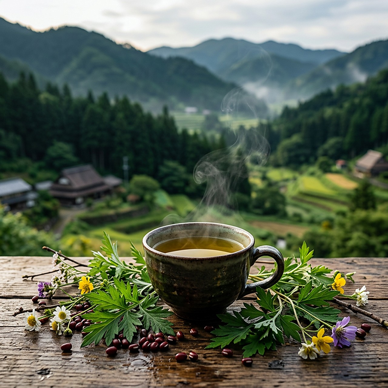山里の棚田を望む縁側に置かれた一杯のお茶と、よもぎ・小豆・野の花